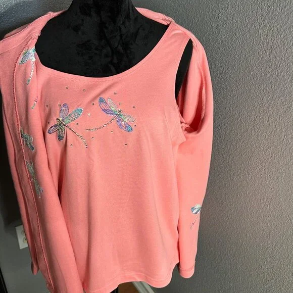 Quacker Factory Sweater Top Large Dragonfly Embellished Coral Pink 2-in-1 - Picture 3 of 8